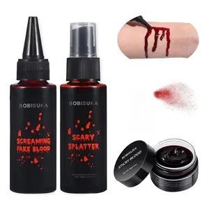 3PCS Halloween Fake Blood Makeup Kit - Coagulated 1.41oz + Spray 1.76oz + Dripping 1.76oz, Realistic Washable SFX Makeup for Zombie Monster Mouth Clothes Dress Up