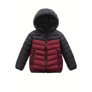 FriendMily Boys & Girls Full-Zip Hooded Winter Coat - Black & Coral Red Color-Block Jacket with Full-Zip Front, Polyester Insulation, Long Sleeve Casual Outerwear Kids, Easy On/Off School & Playdates, Hand Washable, Warm Winter Coat with Hood (Aut