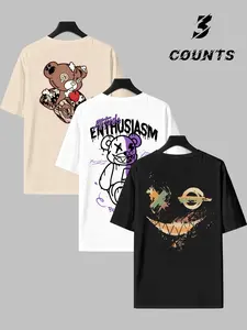 Men's Street Style Short Sleeve T-Shirt 3-Pack, Smiley Bear Print, City Fashion, Trendy Streetwear, Casual Comfortable Daily Wear