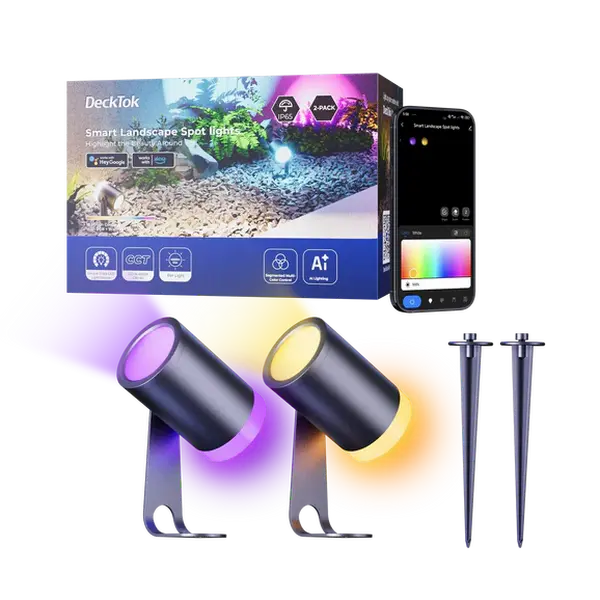 2-Pack Outdoor Spotlights - IP65 Water Resistant Decorative Lights with Alexa Voice Control, Bluetooth, App Controller, 2-Directional Color Changing, for Patio Curb Appeal & DIY Lighting Projects, Color Changing Light