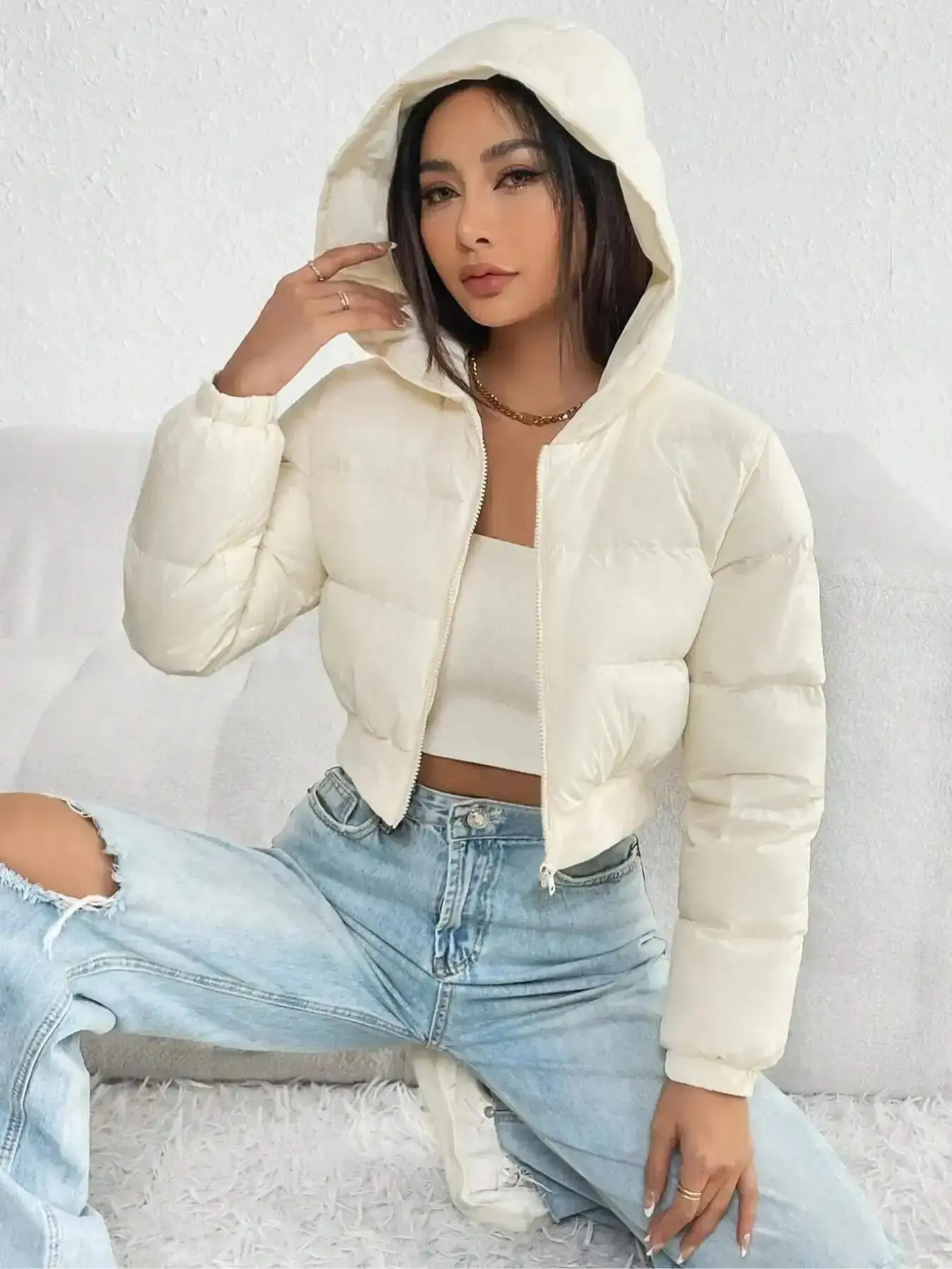 Women's Sleek Solid Zipper Up Crop Winter Hooded Coat, Casual Fashionable Long Sleeve Outerwear for Daily Outdoor Wear, Womenswear for Fall &, layering essential, transitional piece, polished outerwear