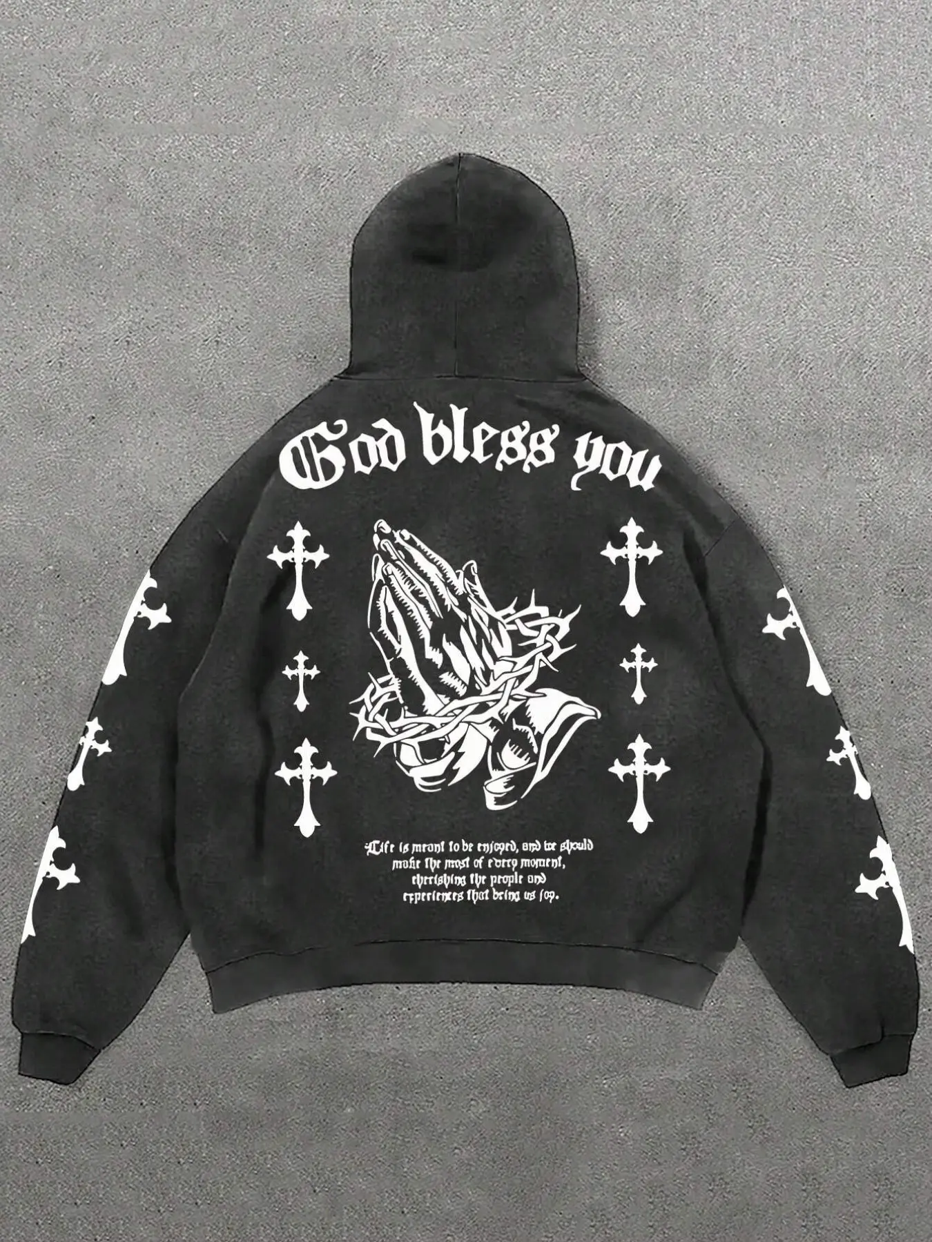 Vintage Gothic Hoodie - Boxy Oversized Streetwear - Praying Hands & Cross Print - Aesthetic Grunge Dark Casual Style Unisex Y2K Fashion Sweatshirt Gothic Hoodies