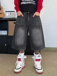 Men's Baggy Denim Jorts, Loose Fit Knee-Length Shorts, Vintage Washed Jeans, Streetwear Casual Pants for Y2K Hip Hop Style