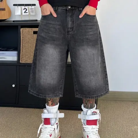 Men's Baggy Denim Jorts, Loose Fit Knee-Length Shorts, Vintage Washed Jeans, Streetwear Casual Fashion Loose Pants for Y2K Hip Hop Style