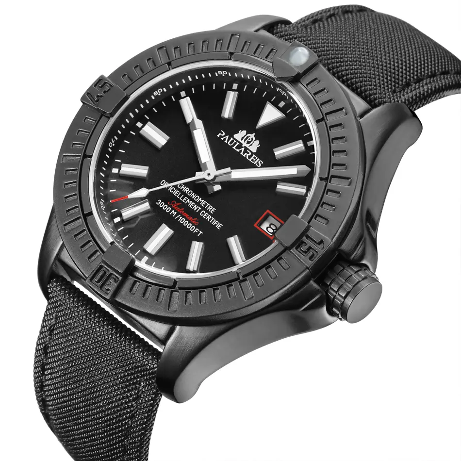 Automatic Watch for Men Mechanical Self Wind Black Bird Canvas Style Genuine Leather Date Luminous Fashion Wristwatches