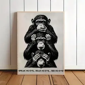 1 Piece/set of Optional Wooden Frame, Three Wise Monkeys See No Evil Hear No Evil Speak No Evil Poster, Black White Illustration, Simple Animal Art, Living Room Bedroom Study Unique Wall Decor, Minimalist