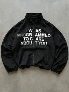 Unisex Black Graphic Print Track Jacket, Stand Collar Zip Up Windbreaker Long Sleeve With Letter Print, Casual Streetwear Outerwear For Men Women Daily Wear Spring Fall