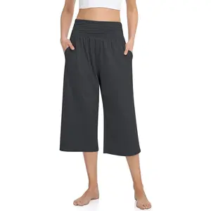 Womens Capris Lounge Yoga Pajama Cropped Pants Casual Wide Leg with Pockets Elastic Waist Workout Sweat Pants Summer