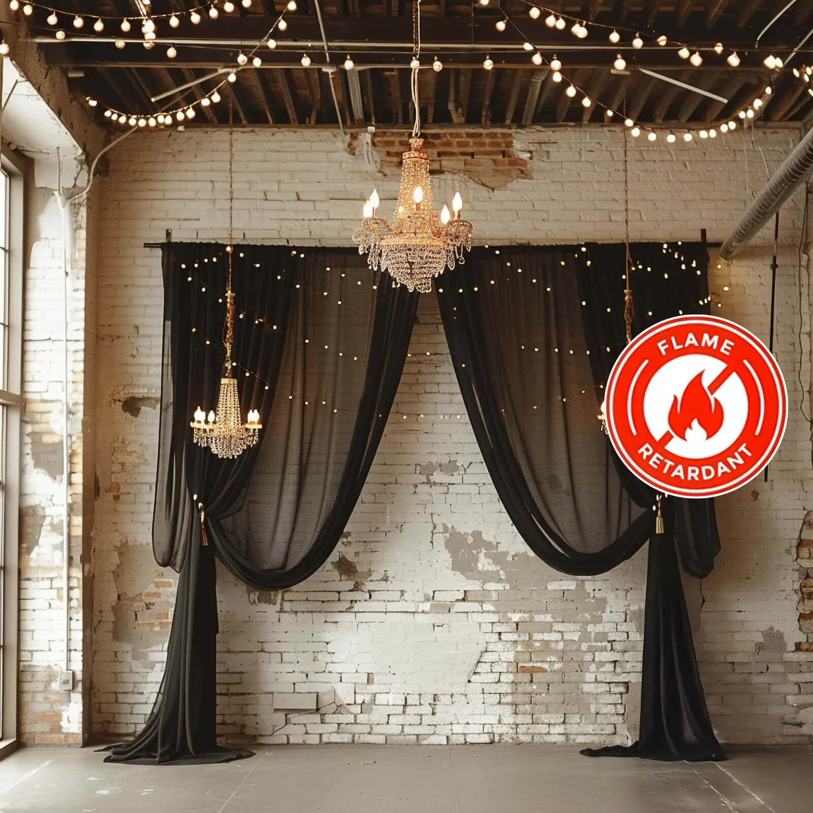 Black Hanging Chiffon Ceiling Drapery - Durable, Flame-Resistant, Long Curtain Backdrop Panel with Rod Pocket (5ftx32ft) for Wedding, Graduation, Party