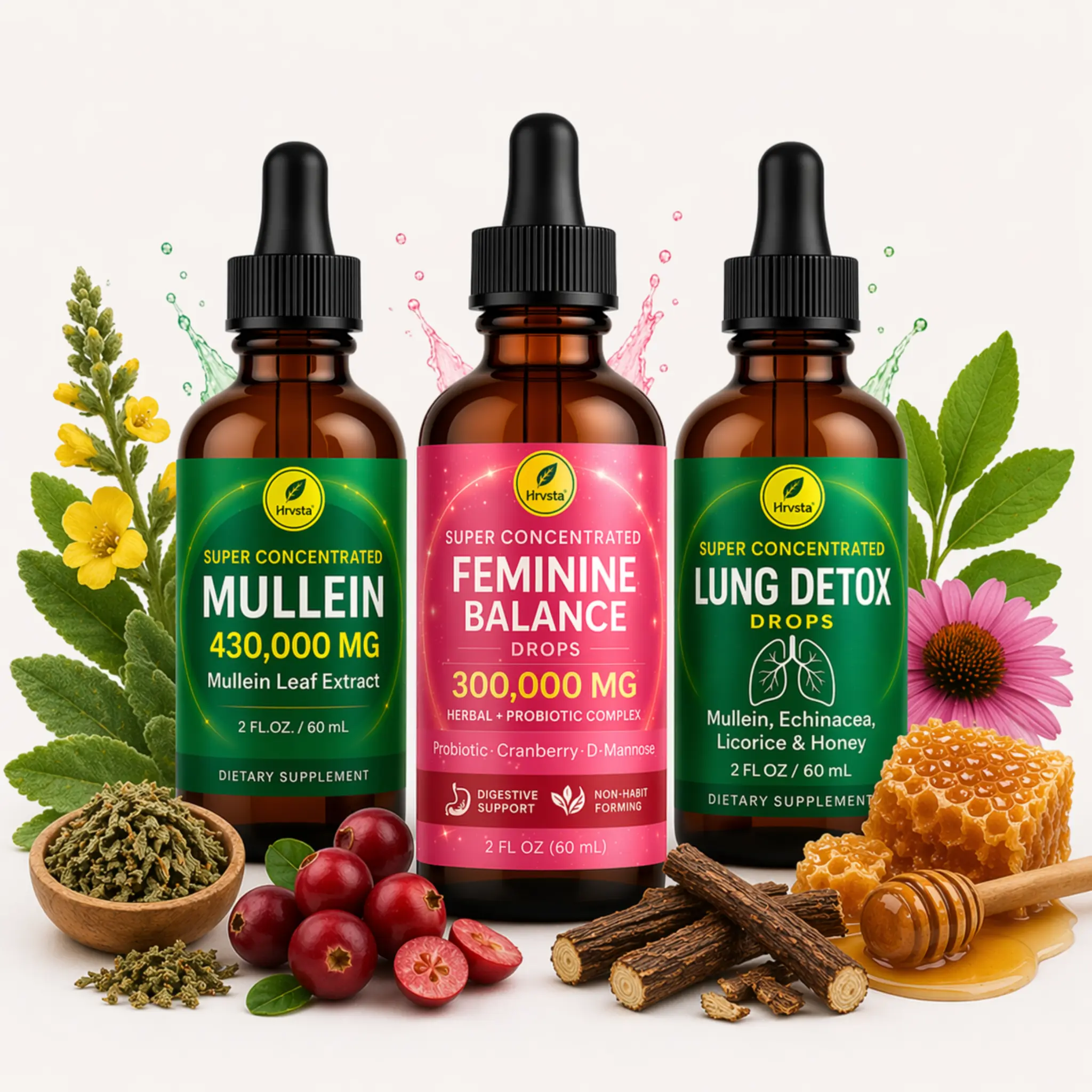 Natural Mullein Drops Botanical Bundle - 2 Fl Oz Each Lung Detox, Immune Support Herbal Liquid Supplement Set for Feminine Balance