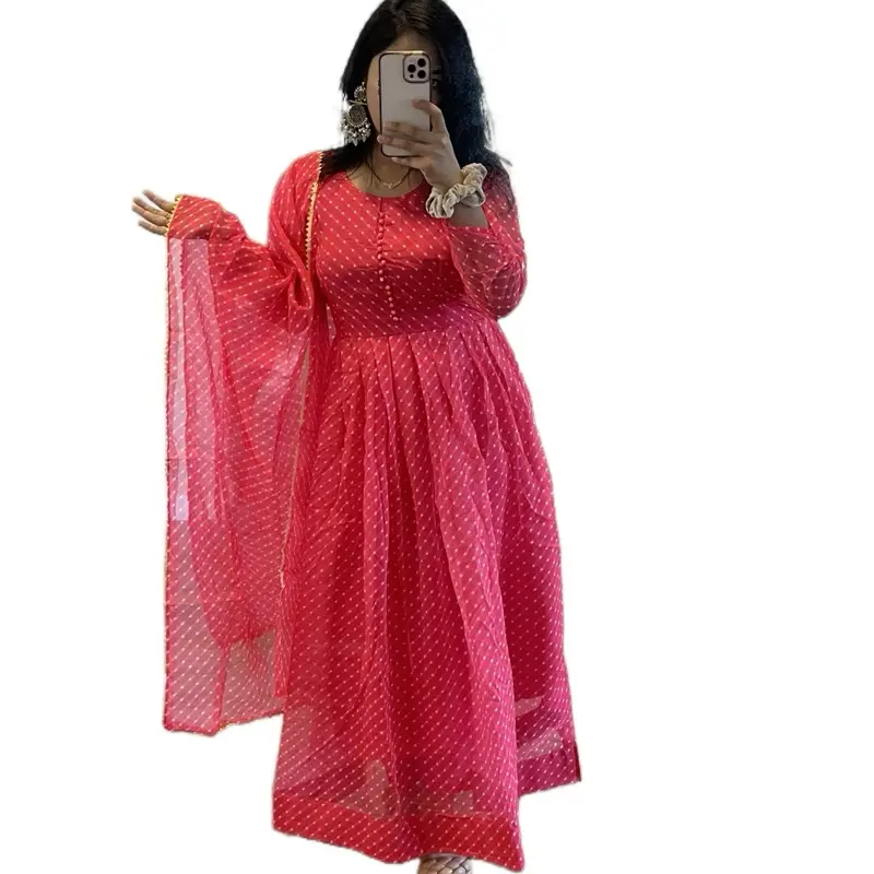 Women's Anarkali Salwar Kameez 3-Piece Set, Lightweight Red Polka Dot Organza Fabric with Duppatta, Elegant Indian Casual Dress, Lady, Elegance, Indian Attire, Women's Clothes, Modest Fashion, Cohesive Look, Matching, Traditional, Style, Outfits