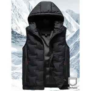 Men’s Sleeveless Hooded Vest – Casual Black Polyester Fleece Jacket with Red Trim, Zipper Pockets, Perfect for Staying Warm in Autumn and Winter Men’s Tops