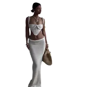Two-Piece Y2K Crochet Knit 2 Piece Skirt Set Women's Square Collar Camisole Hip Skirt Hollow Out Strapless Tube Top Low Waist Bodycon Maxi Skirts Outfit Comfy Casual Fabric Sleeve White Womenswear Asian Check Clothes Comfortable