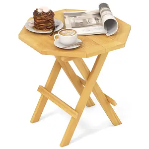 COSTWAY - Teak Wood Octagon Coffee Table with X-shaped Legs and Slatted Tabletop
