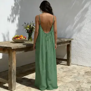 New Women'S Camisole Backless Loose Long Home Wear Dress | Beach Skirt Swimsuit, V-neck, Medium Stretch Fabric, Straight Hem, Elegant Style for Spring/SummerGift
