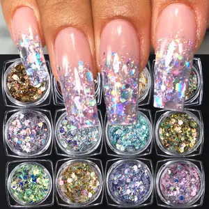 12 Pcs Holographic Mermaid Silver Chunky Nail Glitter Iridescent Hexagon Sequin Powder for Gel Polish Epoxy Resin DIY Nails Accessories