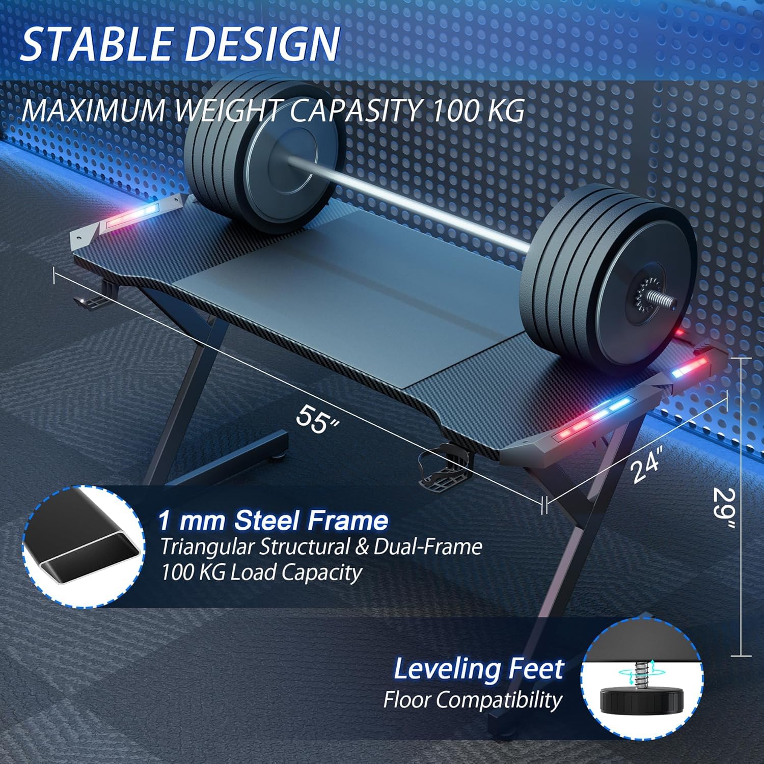 Gaming Desk with LED Lights, Home Office Gamer Desk, Ergonomic Computer Table with Large Carbon Fiber Desktop, Office Workstation, Cup Holder & Headphone Hook summerwins,dorm essentials,home decor