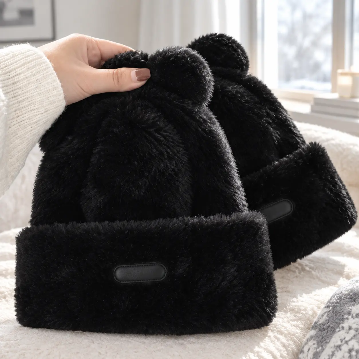 Cute Bear Ears Fluffy Plush Beanie Hat for Women – Soft Warm Faux Fur Cuffed Skull Cap for Winter