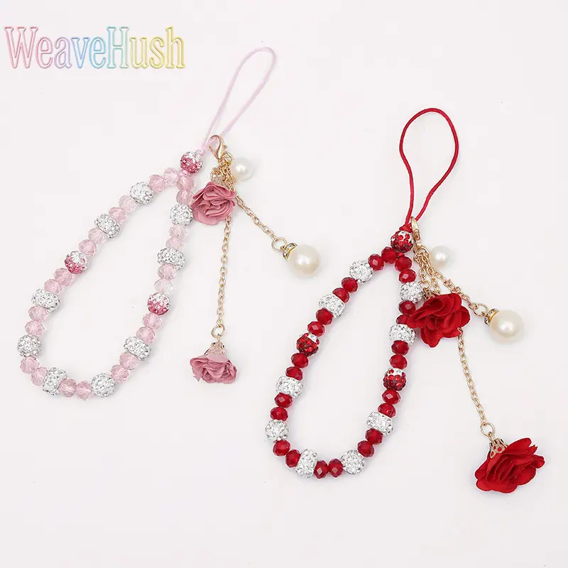 Women's Creative Stylish Floral Gypsum Bag Charm - Pink Crystal Beaded Lanyard Bracelet with Aluminum Alloy Clasp, Phone & Purse Accessory, DIY Bag Accessory, Flowers, Accessories