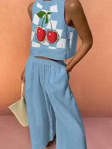 Women's Summer Casual Beachwear, Two-Piece Set with Color-Blocked Checkered Cherry Print, Comfortable and Versatile for Home or Vacation