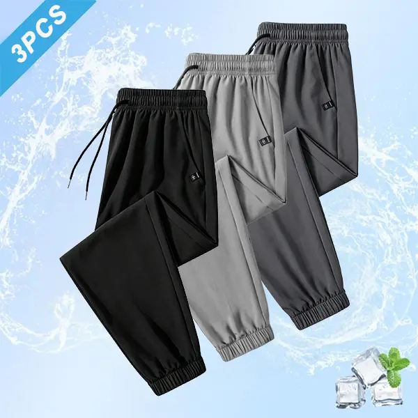 3-Pack Men’s Summer Ice Silk Jogger Pants, Lightweight Breathable Fabric, Elastic Drawstring Waist + Side Pocket Design, Suitable for Everyday Wear and Light Exercise