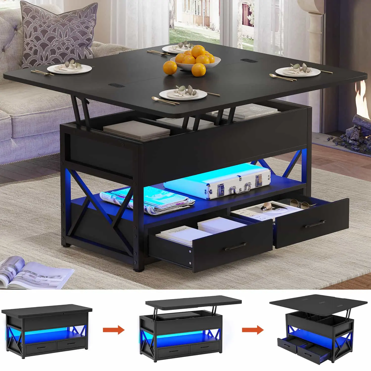 Sikaic Lift Top Coffee Table with LED Lights, 40 Inch 4 in 1 Coffee Table with Drawers for Living Room Furniture