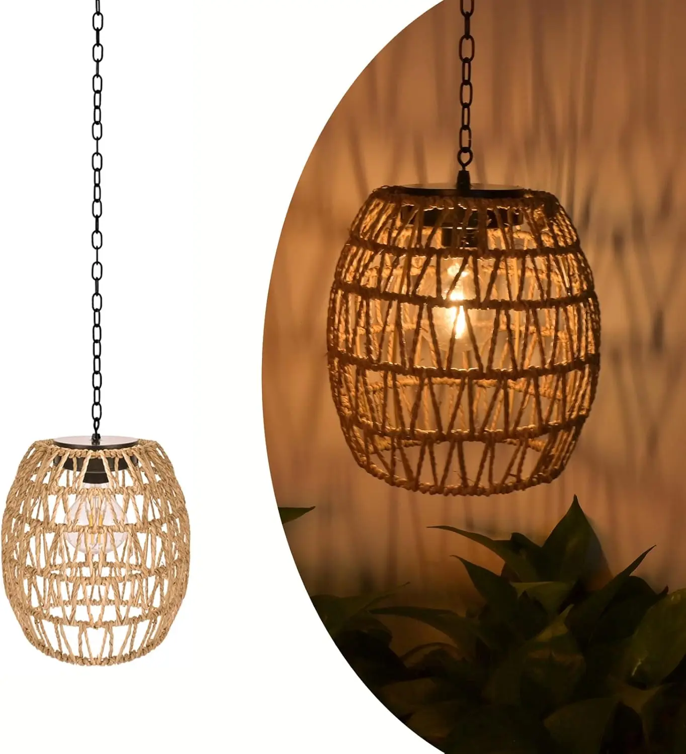 Boho Pendant Solar Light Rustic Hand-Woven Rattan Chandelier Coastal Retro Lamp Wedding Garden Courtyard Hallway Entryway Decoration.Gift.