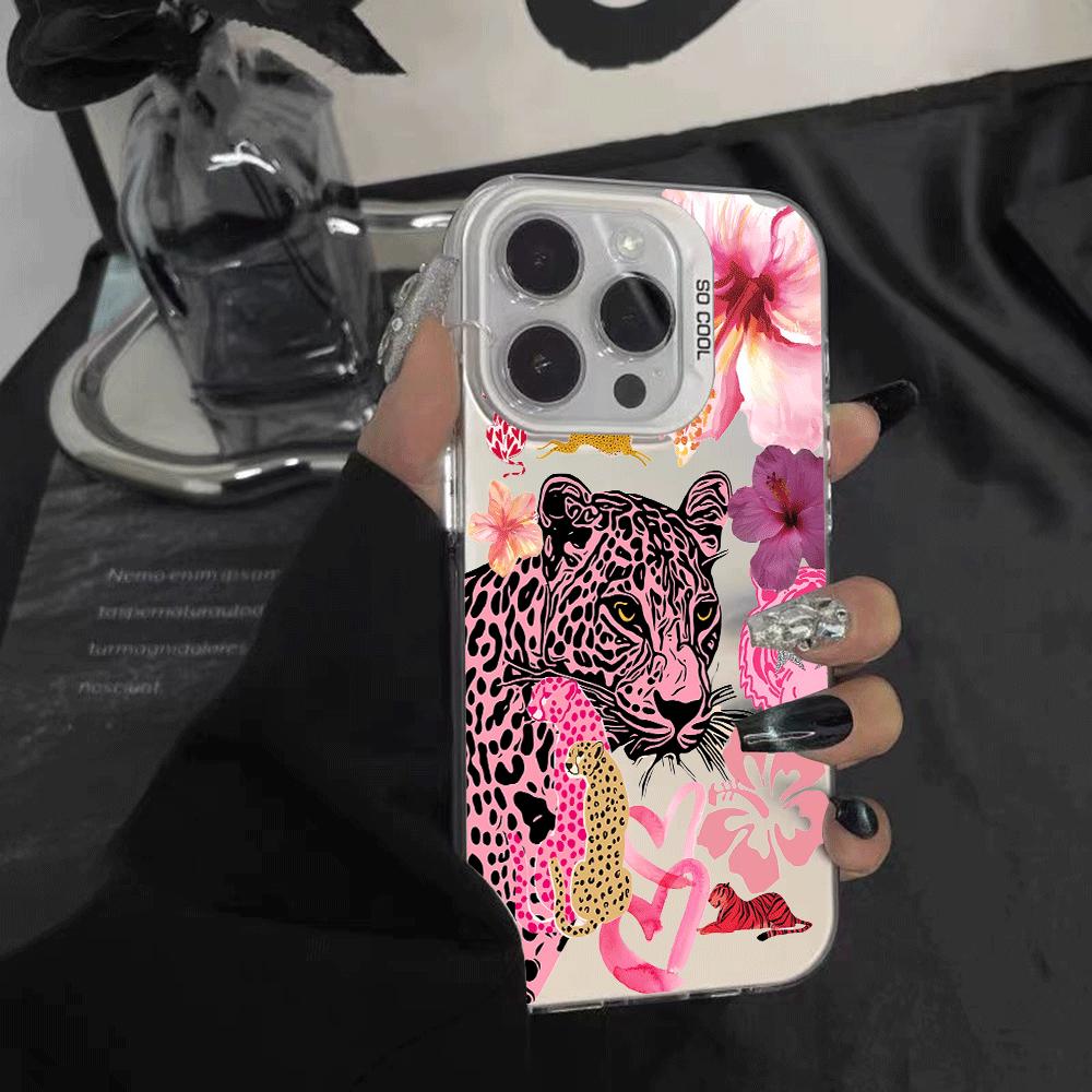 Leopard-print tiger and floral pattern design, full-coverage fashion phone case in colored silver. Compatible with Apple iPhone 17/16/15/14/13 Pro Max and Samsung Galaxy S25/24/23 Ultra series models.
