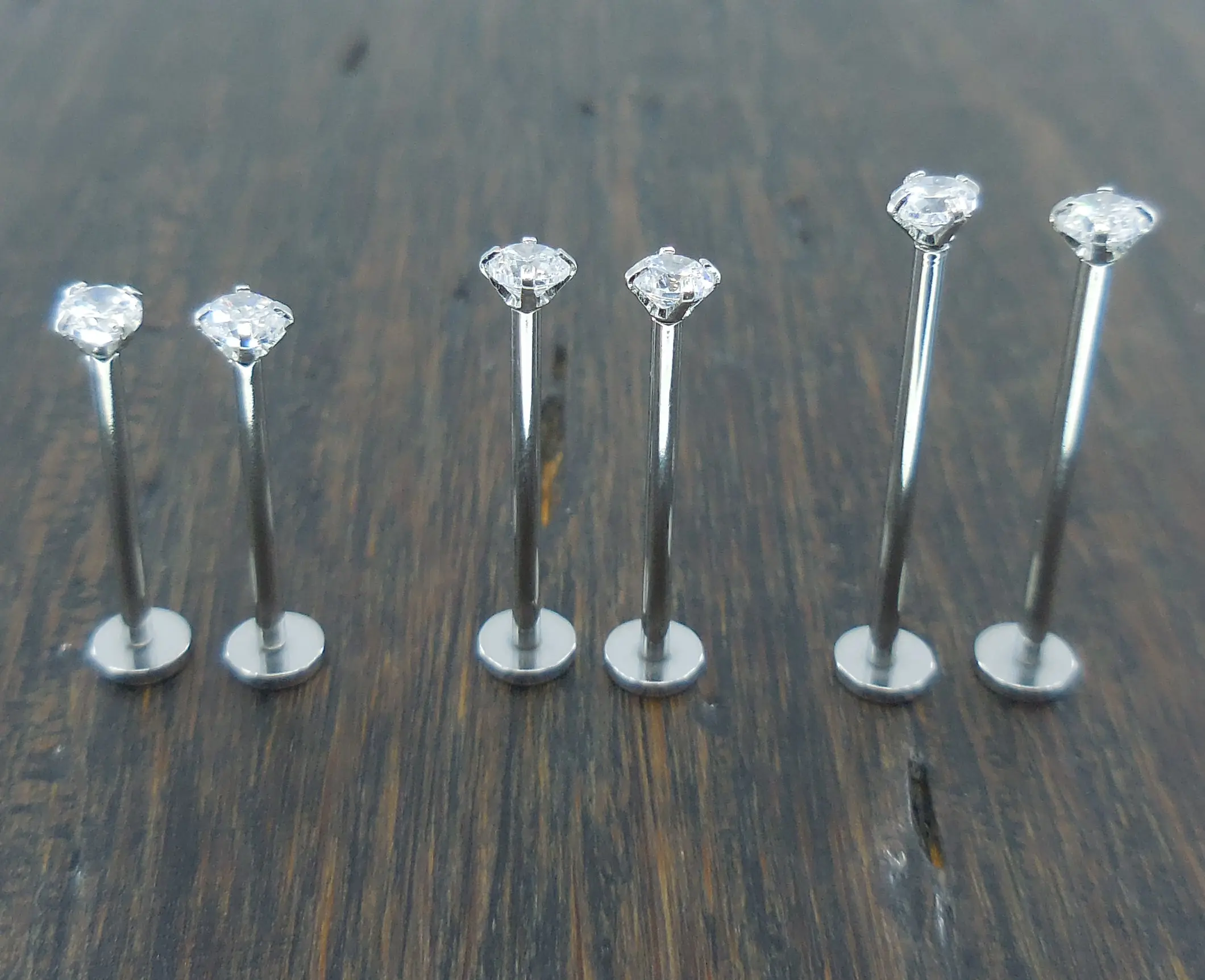 Pair Dimple Maker Cheek Piercings 3mm Clear Crystal CZ 16G 14mm, 16mm, 19mm Stainless Steel Internally Threaded Prong Set Labret Rings