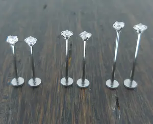 Pair Dimple Maker Cheek Piercings 3mm Clear Crystal CZ 16G 14mm, 16mm, 19mm Stainless Steel Internally Threaded Prong Set Labret Rings