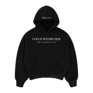 Psalm 46:5 Heavy Sweater - Black Hoodie with Inspirational Text 'God Is Within Her She Cannot Fall' Embroidered Psalms