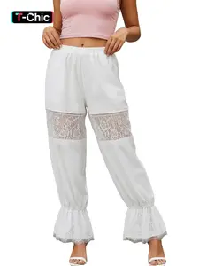 Women's Fashion Lace Cutout Patchwork Pants, Stylish Long Trousers for Casual Wear, Elegant Ladies' Clothing, Bottoms, Casual Textured Trousers