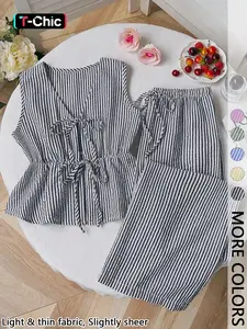 Women's Striped Sleeveless Drawstring Waist Top and Straight Leg Pants Set, Versatile Casual Summer 2-Piece Set, Striped Sets