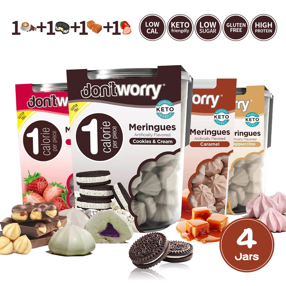Just 1 Calorie Per Piece – Low Sugar Meringues 4PK – Cappuccino, Cookies & Cream, Caramel, Strawberry – Light & Guilt-Fr