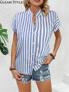 Women's V-Neck Button Shirt, Button Front Shirt, Striped Short Sleeve Blouse, Loose-Fit Fashion Top, Spring & Fall Casual Wear, Blue Vertical Stripe