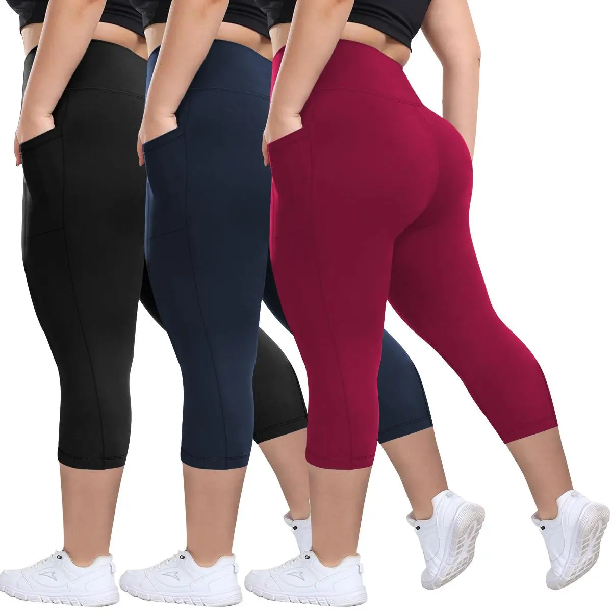 3 Pack Women's Plus Size Capri Leggings, Soft High-Waisted Athletic Pants with Pockets and Tummy Control for Yoga, Female, Gym Sports Tight, Leggings Tummy Control, High Waist Leggings