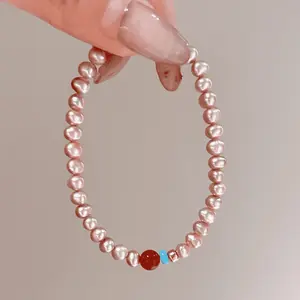 Denise French Style Pink Purple Imitation Pearl Beaded Bracelet Retro Court Elegant Imitation Southern Red Agate Jewelry for Women
