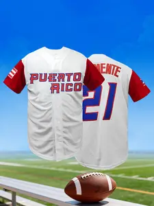 High-Quality PUERTO RICO #21 Embroidered Men's Baseball Jersey, V-Neck Loose Fit Casual Embroidery Sportswear, Sports Tops, Breathable All Season Wear for Men and Women
