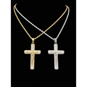 1 Piece Cubic Zirconia Cross & Jesus Pendant With 1 Pc 3mm Stainless Steel Braided Chain, Men's Fashion Hip-Hop Vintage Pendant Necklace