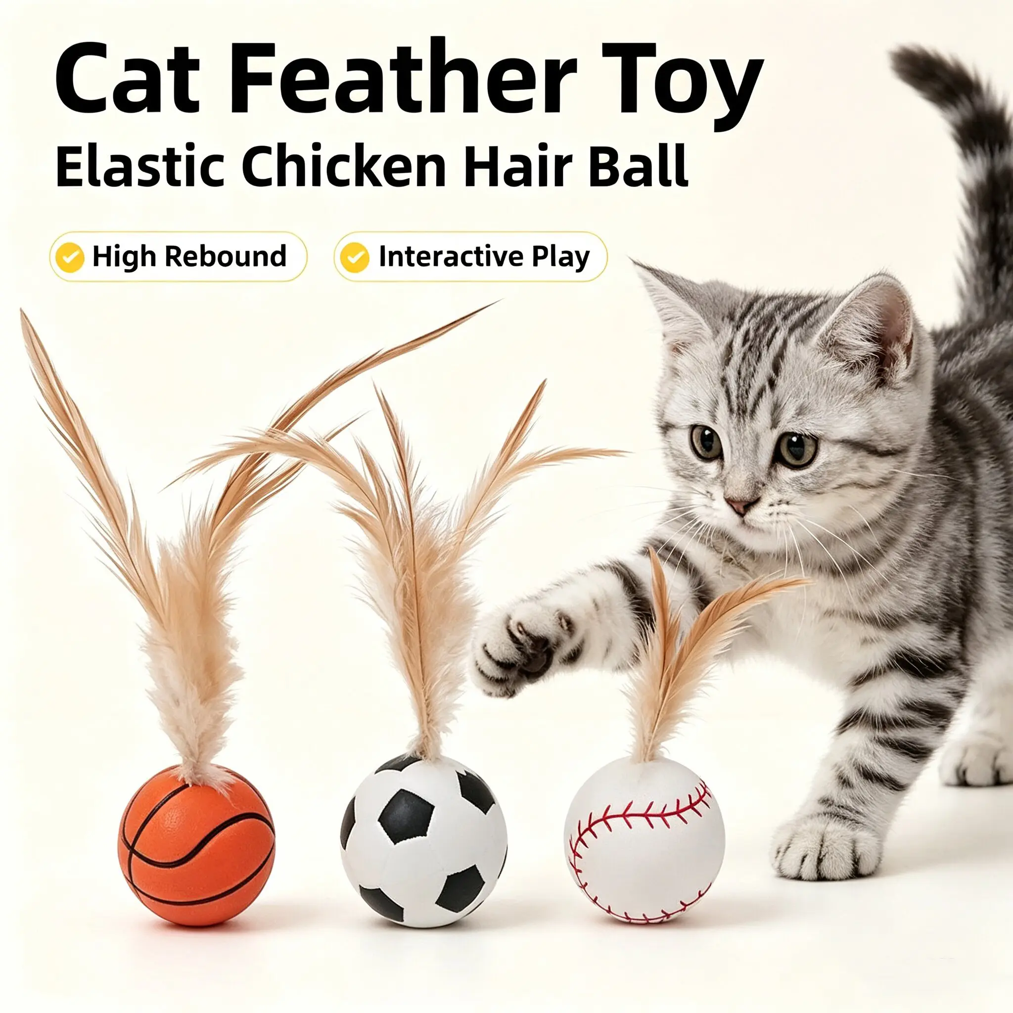 Feather Cat Toy Balls Set, Interactive Sports Bouncy Ball with Chicken Feather Tails, Quiet Lightweight Foam Kitten Play Toy, Exercise & Anxiety Relief Cat Toy, 3 Styles (Basketball, Football, Baseball)