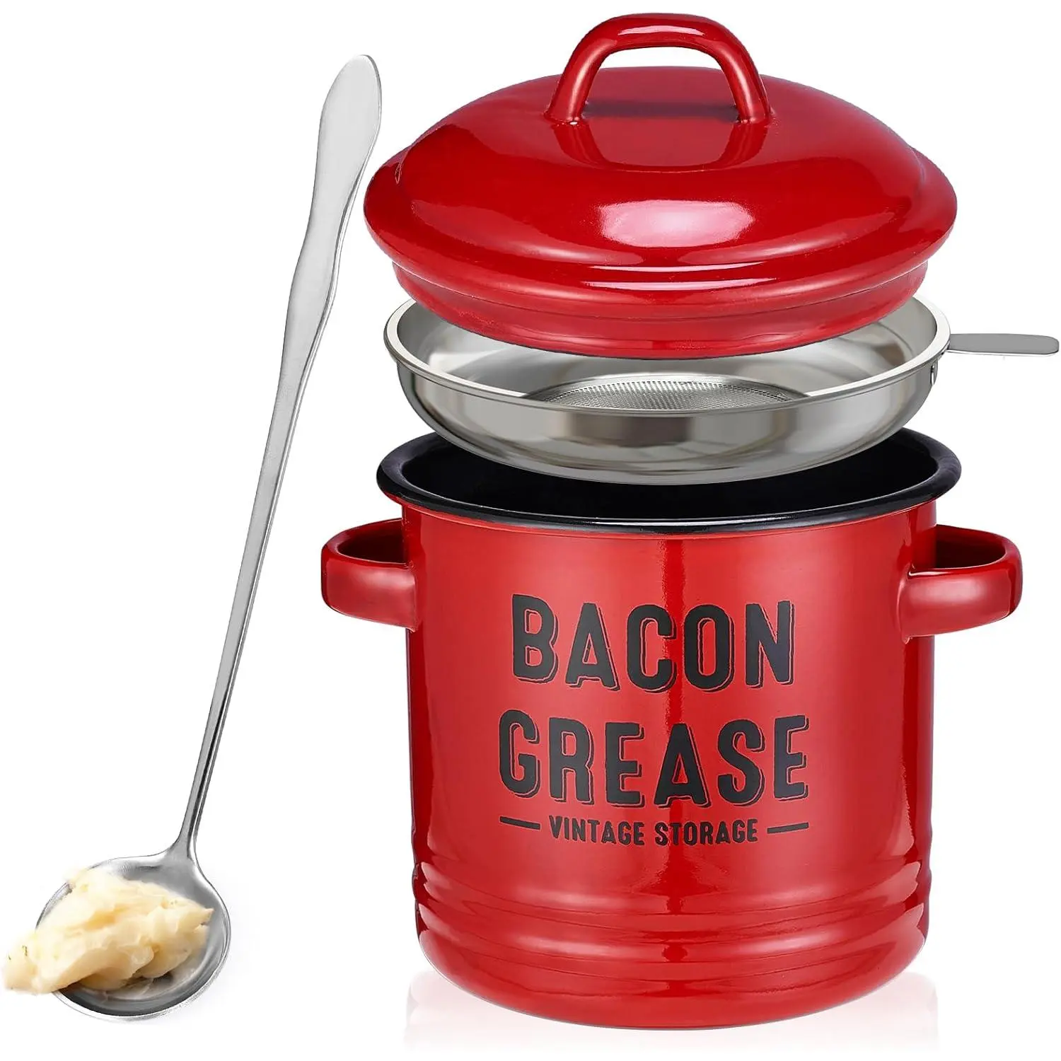 Bacon grease container with filter - Large 46-ounce red kitchen oil storage tank, food storage box with lid| Farmhouse-style cookware organizer, dishwasher safe - Red