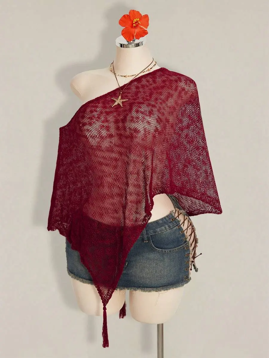 Summer Women's Sexy Festival Party Beach Wedding Going Out Burgundy Crochet Solid Color Asymmetrical Shoulder Casual Versatile Knit Top For Daily Wear