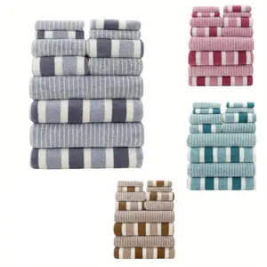 Striped Pattern Bath Towel Set, 12pcs/set Including 4 Bath Towels, 4 Hand Towels, 4 Face Towels, Soft Absorbent Towel Set for Home Bathroom, Super Absorbent Towel