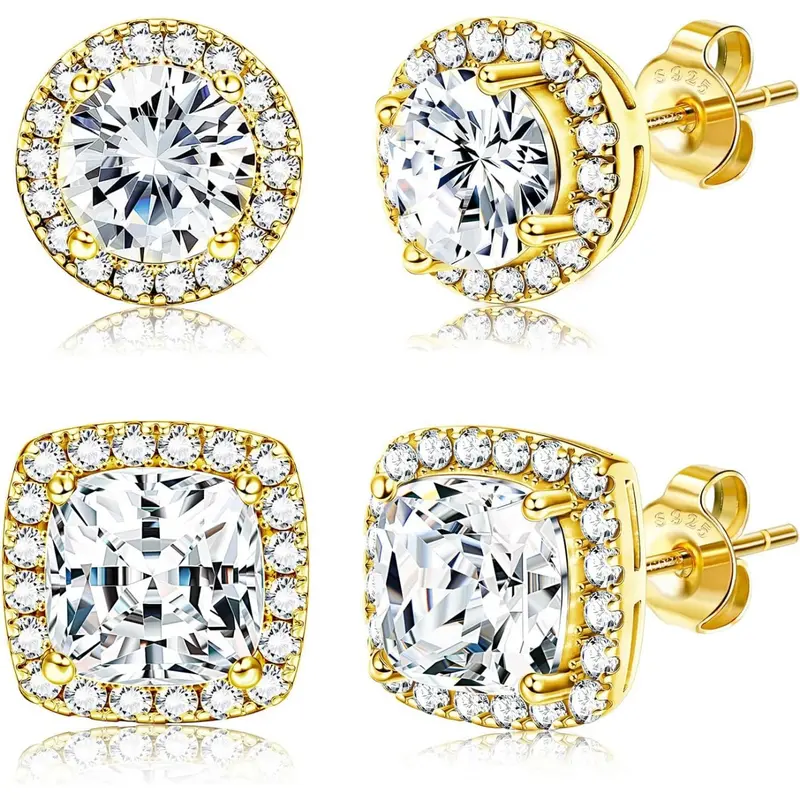 Plated Halo Stud Earrings, Sparkling Ear Jewelry, Shining Earrings, 925 Sterling Silver Cubic Zirconia, Round & Square Design, Unisex Jewelry Gift Set, Hypoallergenic CZ Earrings Earring Sets