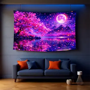 2D Flat Blacklight Tapestry, Cherry Blossom Moonlit Lake Design, Room Decor Wall Hanging For Bedroom, Living Room, Office.Also Indoor And Outdoor Holiday Door Flag For Porch, Garden.Computer Room Decor, Festive And Party Decor