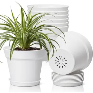6 Inch  Pot 8-Pack, Plastic Planter with Drainage Hole and , Decorative  Pots Bulk for  Violet, Snake , Succulent,  and  Indoor (8 Pcs 6" Pots, White)