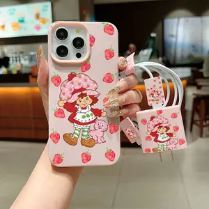 5 Piece Set Strawberry Phone Case, Charger Head Cover, Cable Protector, Storage Rope, Anti-Drop Tpu Case for iPhone 6/7/8/x/11/12/13/14/15/16/17 Pro Max
