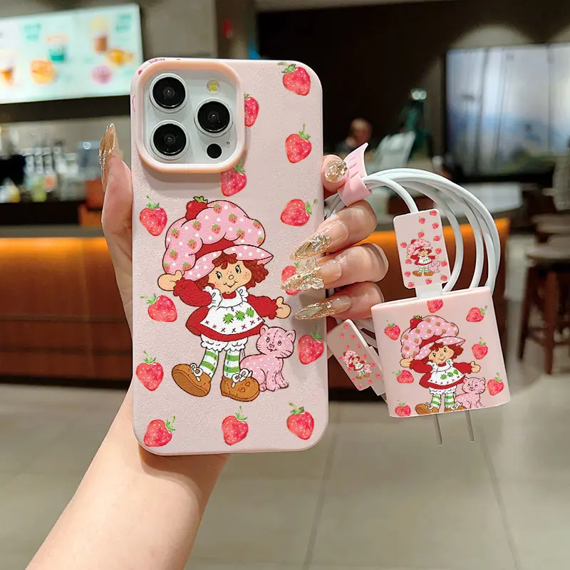 5 Piece Set Strawberry Smartphone Case Accessories, Cellphone Charger Head Cover, Cable Protector, Storage Rope, Anti-Drop Shockproof Protection Tpu Case for iPhone 6/7/8/x/11/12/13/14/15/16/17 Pro Max