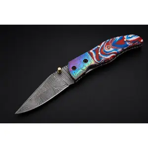Hand Forged Damascus Steel Folding Pocket Knife with Risen & Bolster Handle – 512 Layers EDC Knife with Leather Sheath