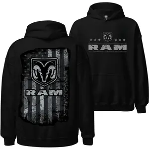 Men's RAM Truck Hoodie, Dodge Ram American Flag Pullover Hoodie - Distressed US Flag Graphic, Black Fleece Hoodie, 2-Sided Print Patriotic Apparel